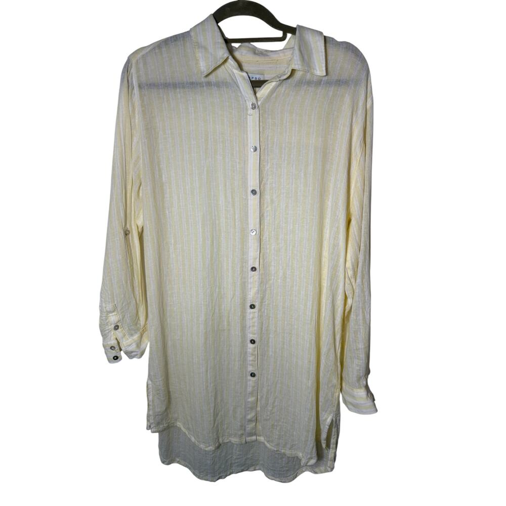 Calypso St Barth Sz L Linen Blend Yellow Stripe Button Up Tunic Shirt Dress EUC